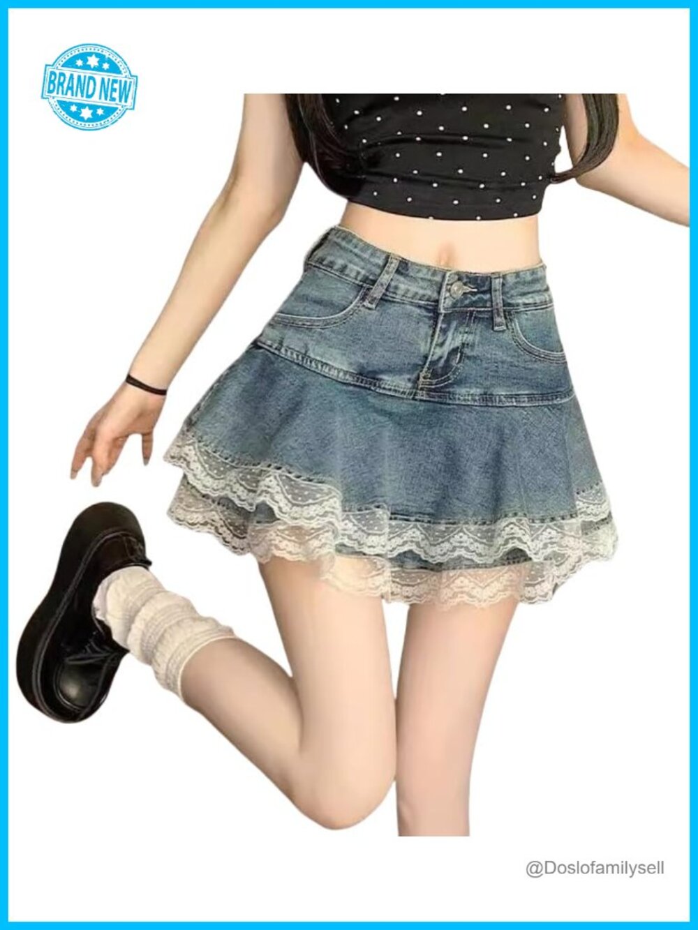 High Waist Denim Lace Mini Skirt A-Line Ruffle Y2K Kawaii Streetwear